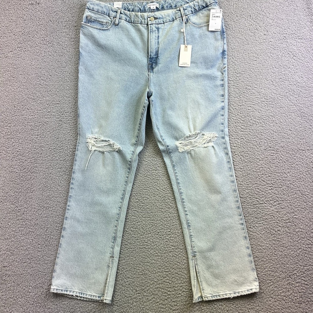Good American Women's High‎ Rise Light Wash Jeans Sz 18 (40x31) Slit Ankles